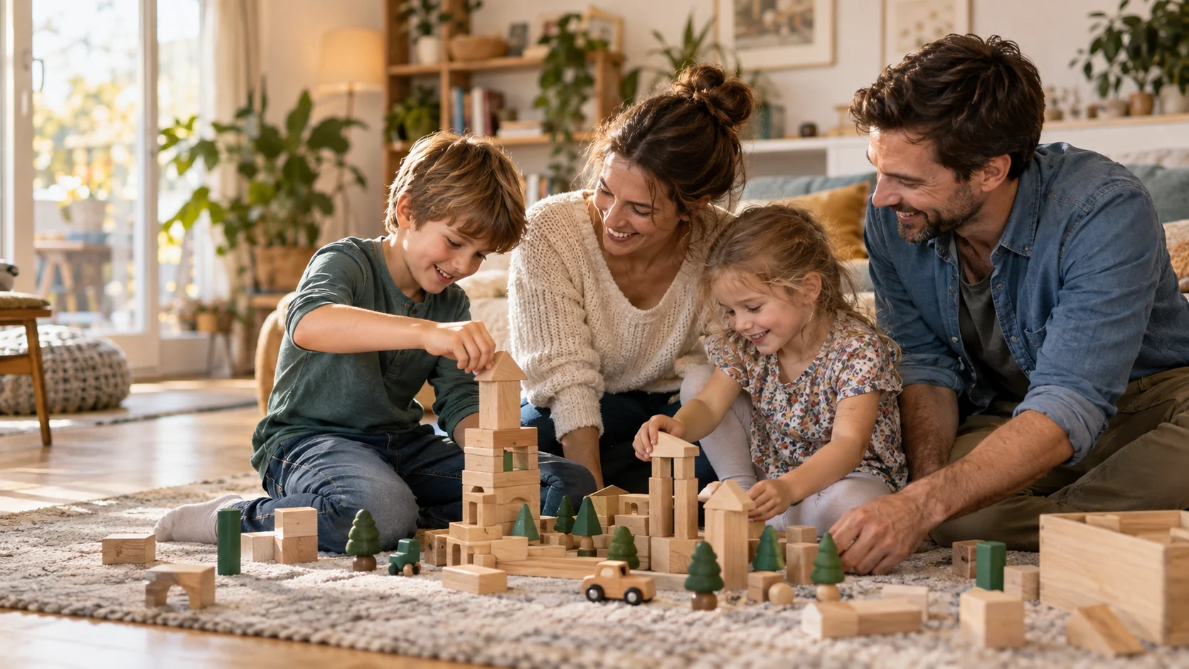 Eine Familie baut gemeinsam mit Holzbausteinen